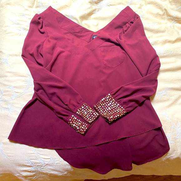 Asymmetric maroon blouse w embellished cuffs - Medium - Picture 2 of 9